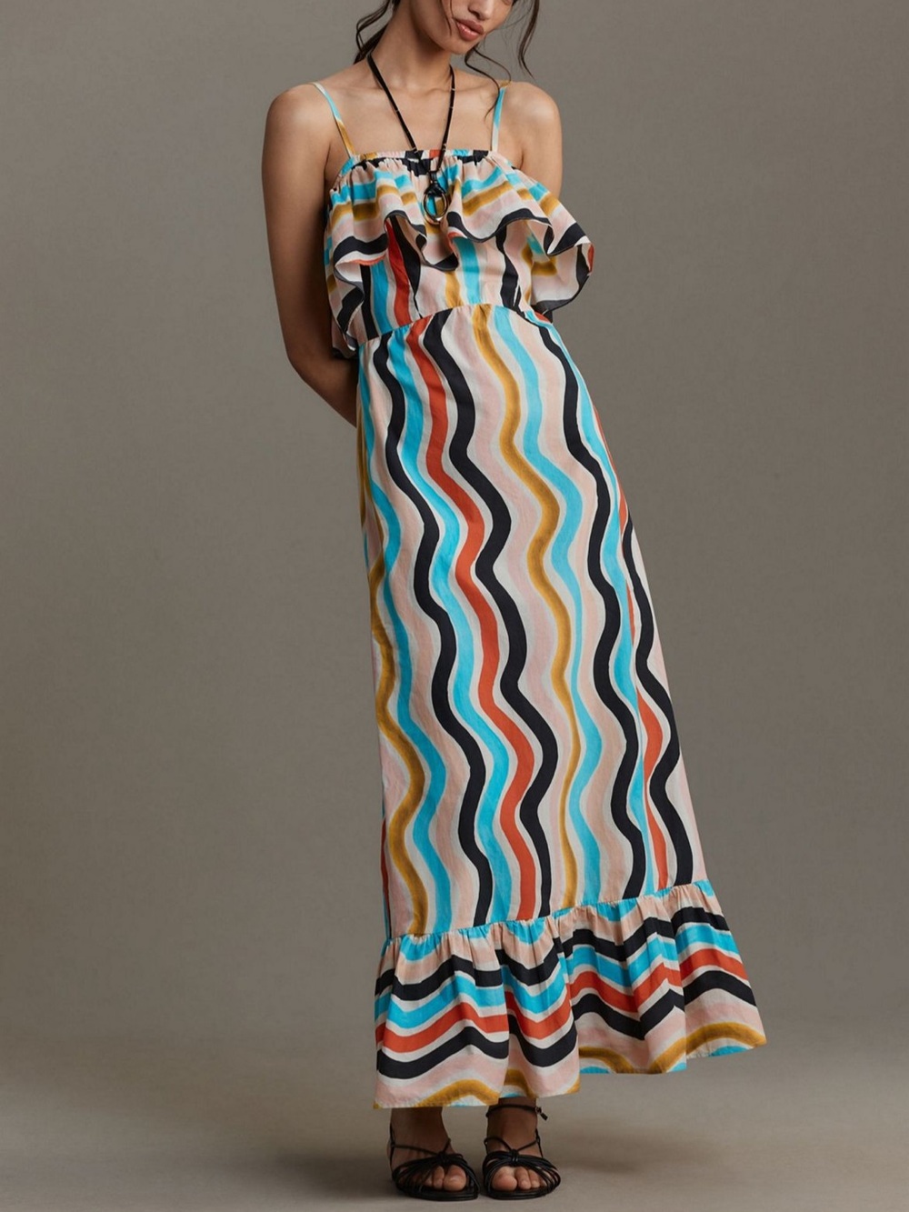 FARM Rio Sleeveless Ruffle Maxi Dress, vibrant, contemporary sundress. Size L